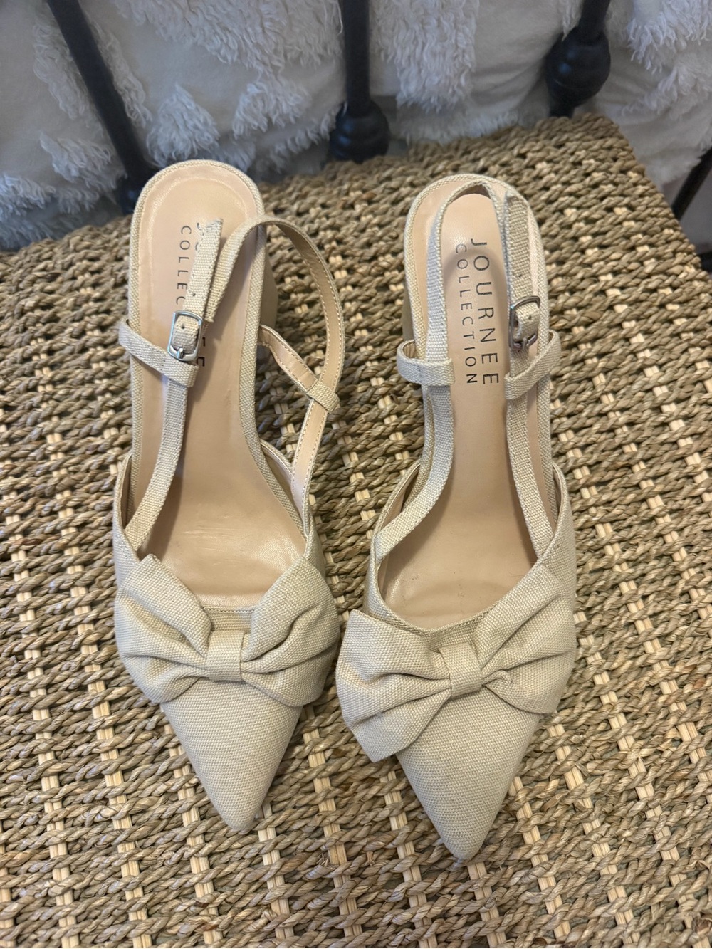 Journee Collection Beige Bow Pointed Toe Slingback Block Heels